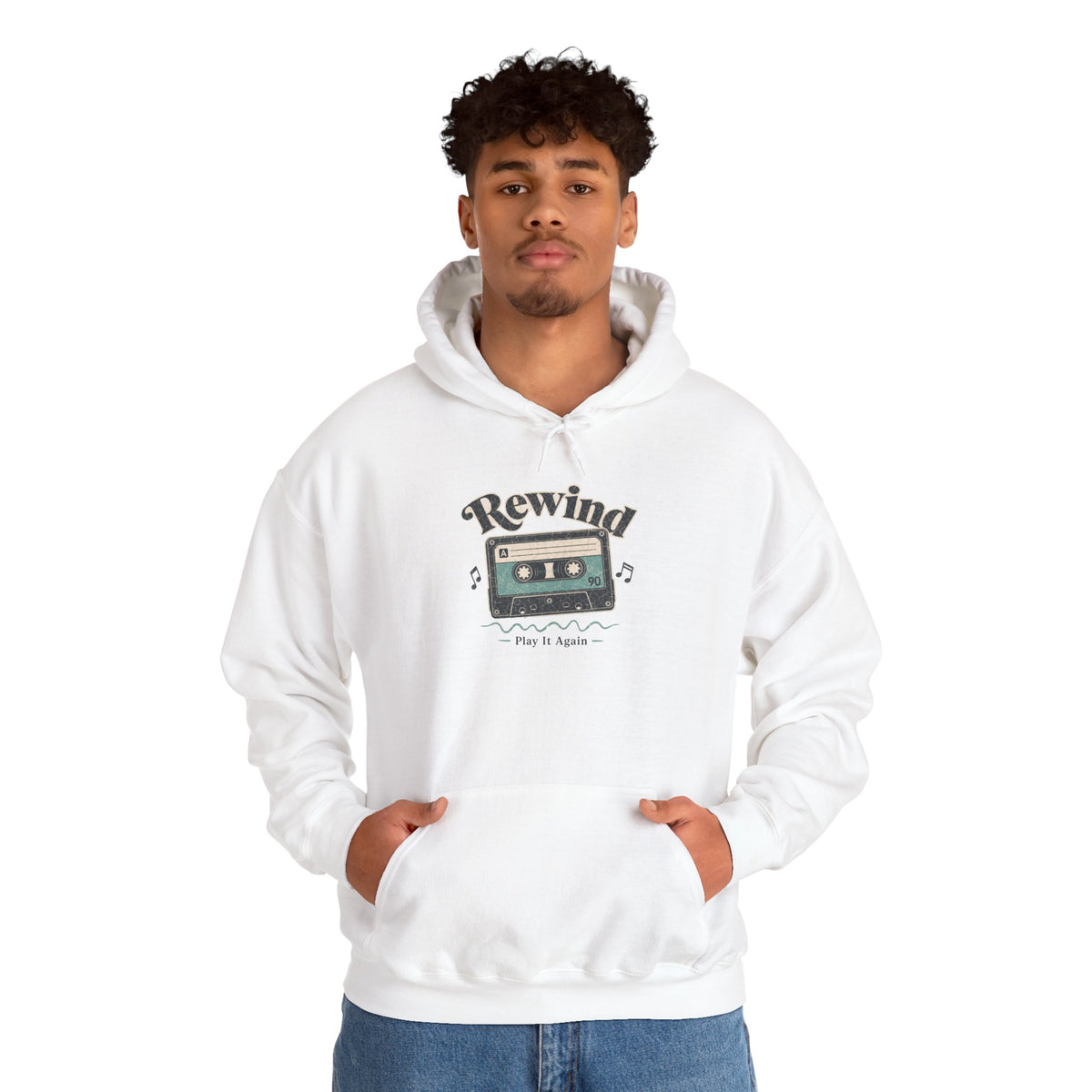 Retro Cassette Tape Hoodie - White - On Model Male