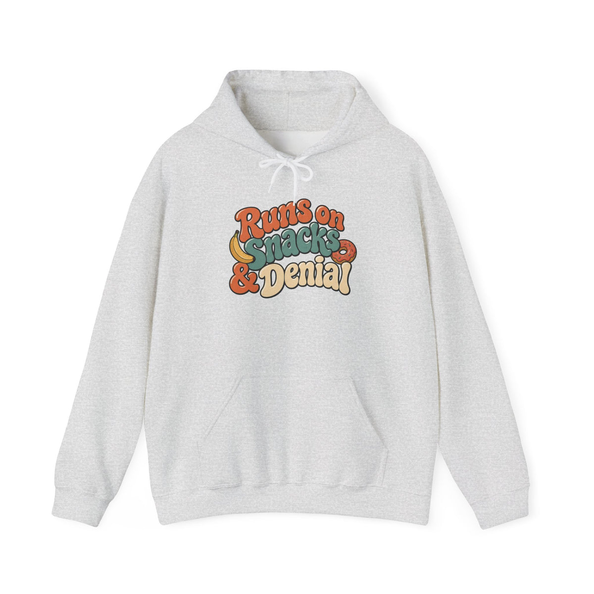 Runs on Snacks & Denial Hoodie - Ash - flat lay1