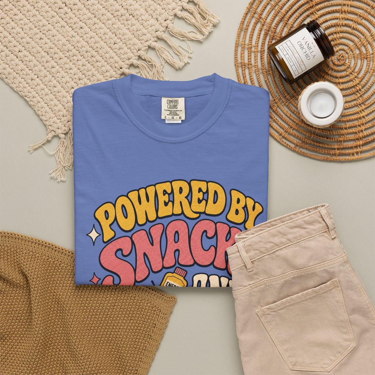 Powered by Snacks and Spite T-shirt - Mystic Blue - Flat Lay