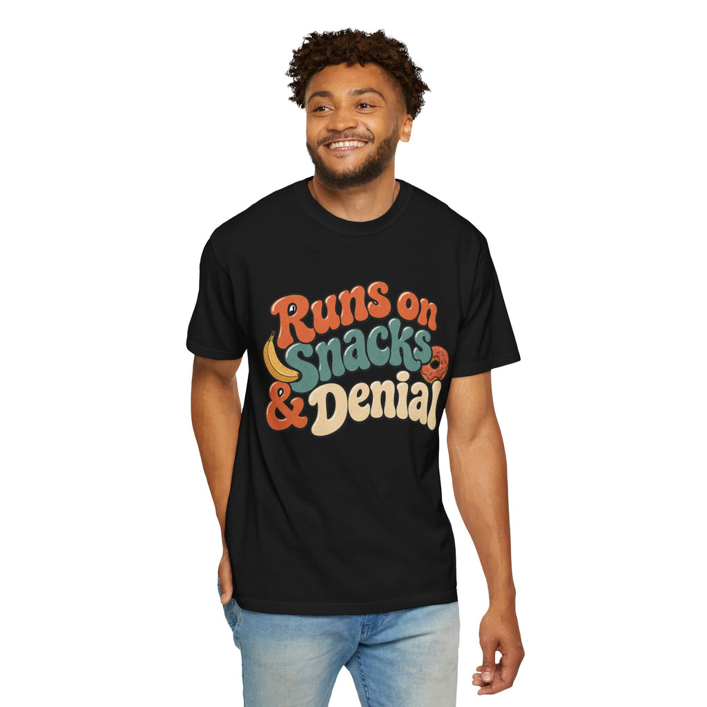 Runs on Snacks & Denial T-Shirt - Black - on model front