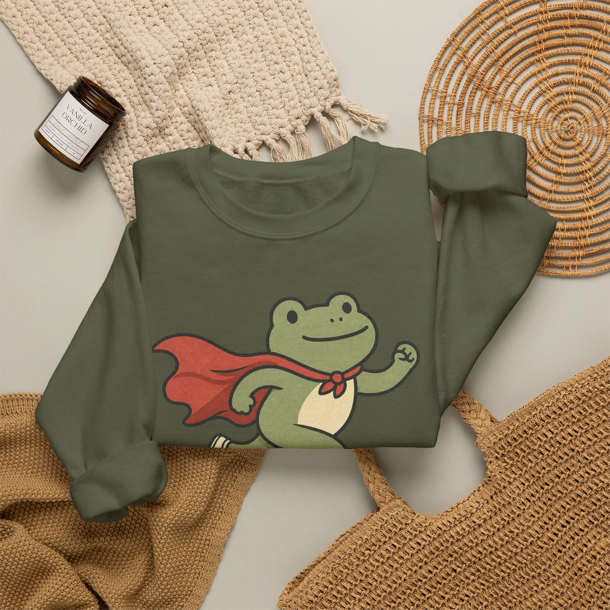 Superhero Frog Running Sweatshirt - Military Green - flat lay