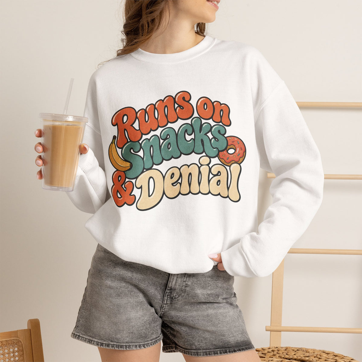 Runs on Snacks & Denial Sweatshirt - White - On Model Female