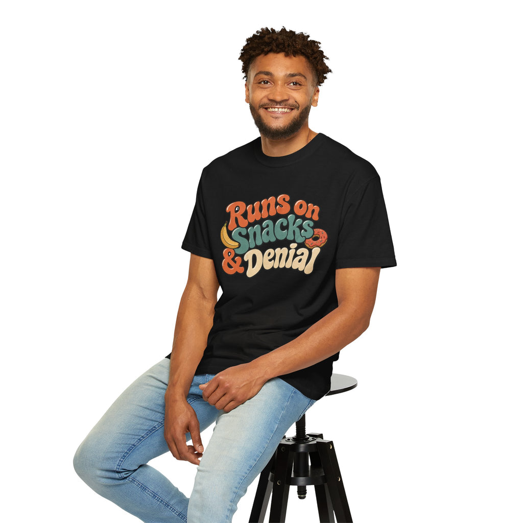 Runs on Snacks & Denial T-Shirt - Black - On Model Male