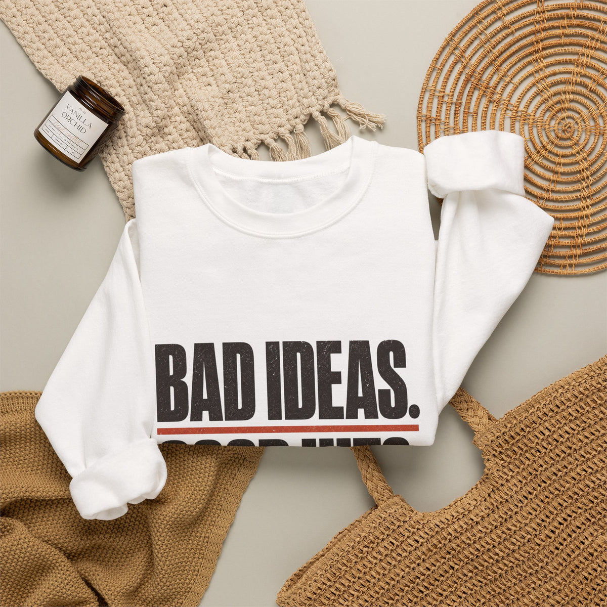 Bad Ideas. Good Hits. Sweatshirt - White - Flat Lay