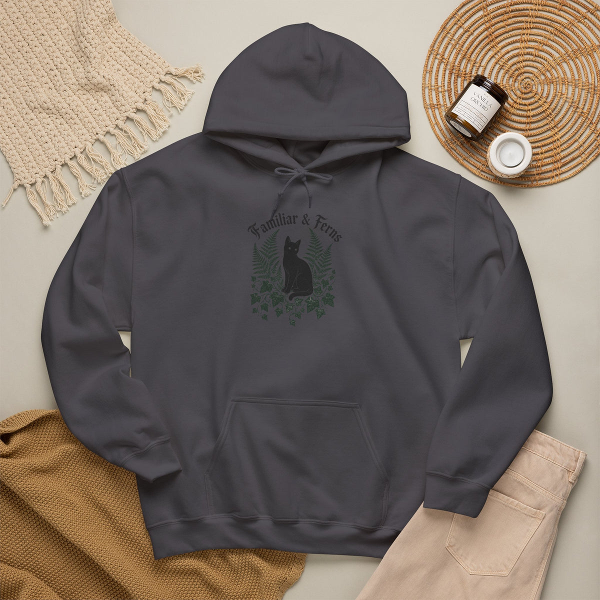 Familiar & Ferns Hoodie - Charcoal - Flat Lay
