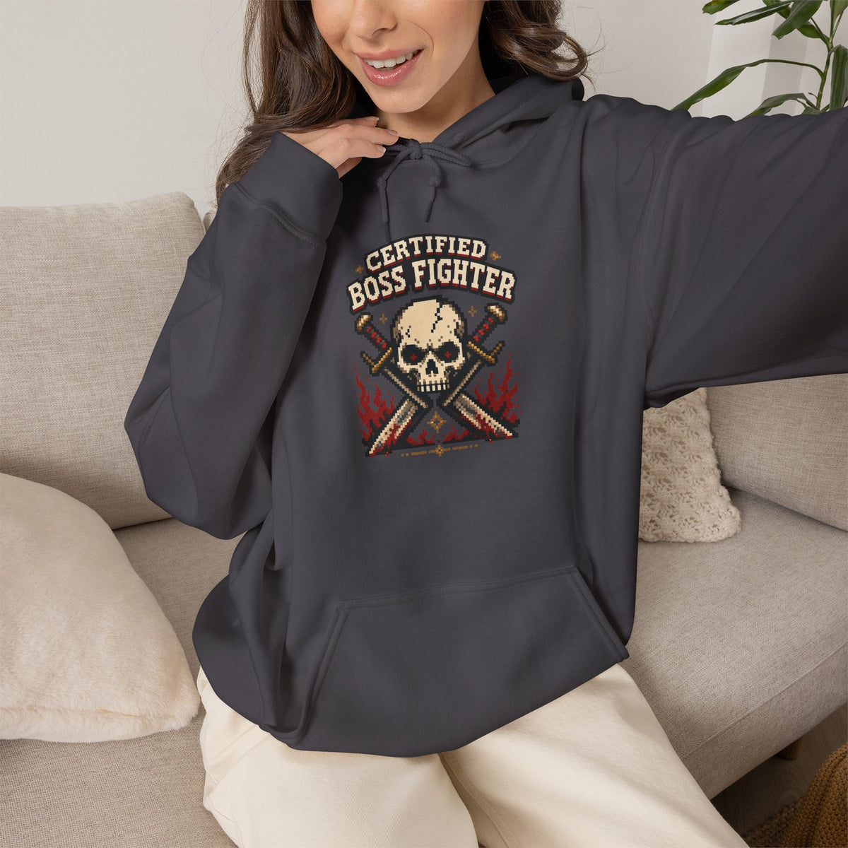 Certified Boss Fighter Hoodie - Charcoal - On Model Female
