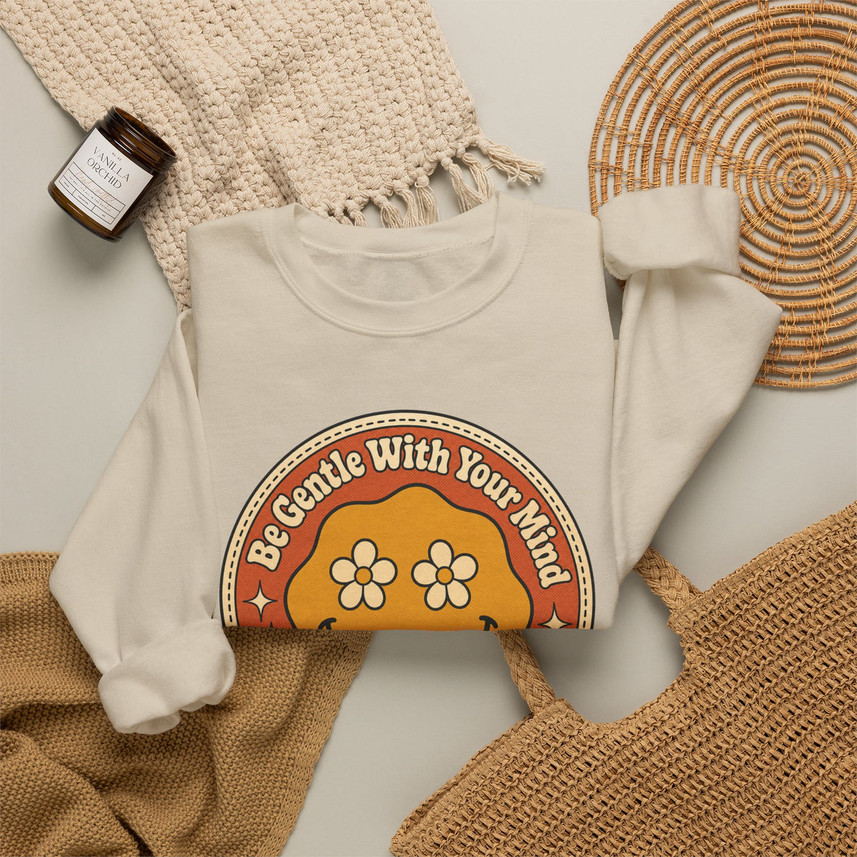 Be Gentle With Your Mind Sweatshirt - Sand - flat lay