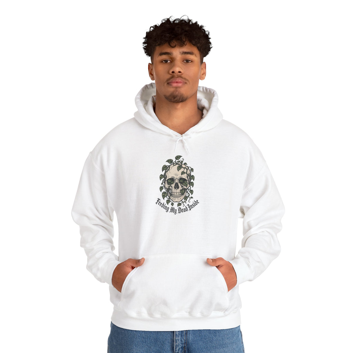 Skull with Ivy Leaves Hoodie - White - on model male