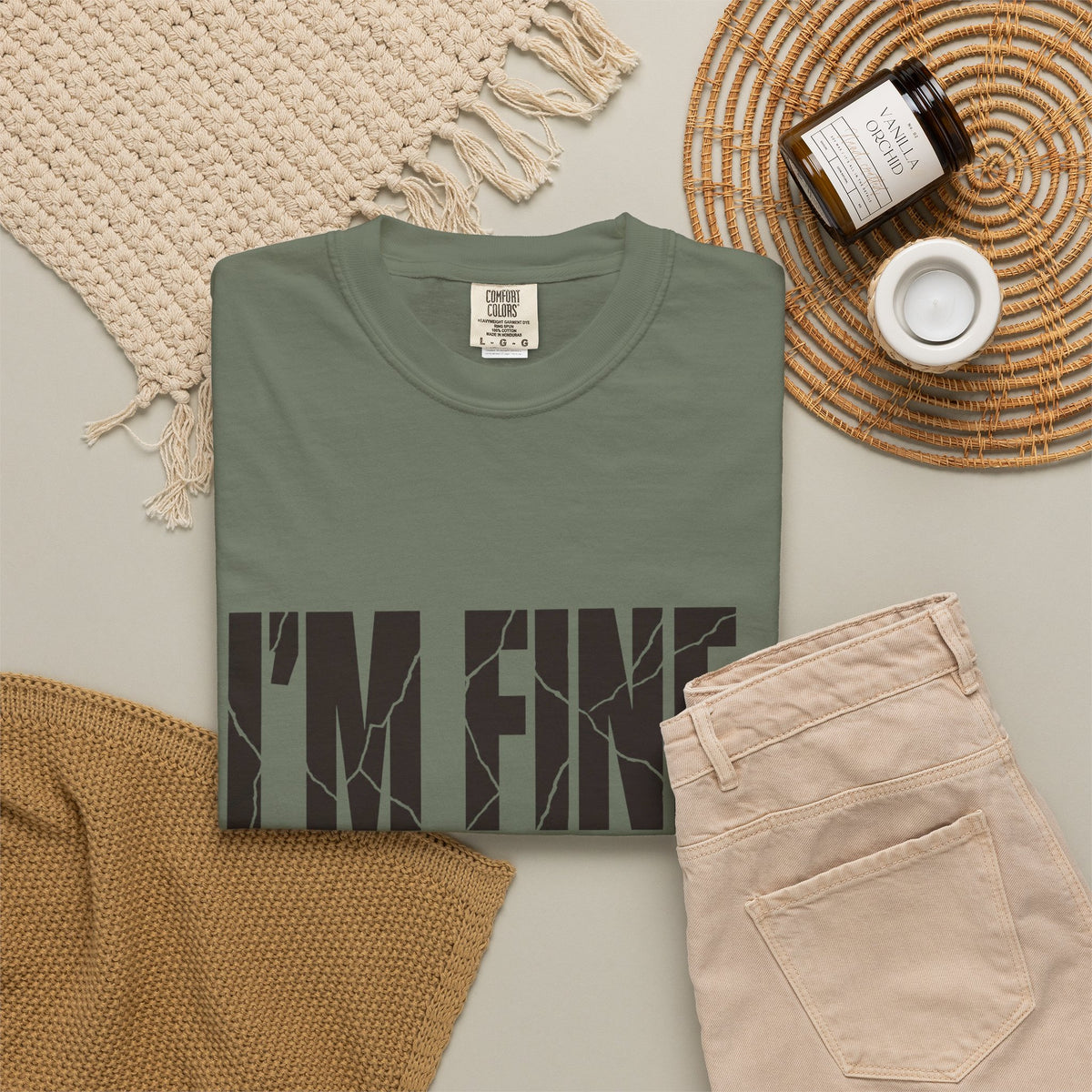 I'm Fine. Keep Playing. T-Shirt - Moss - Flat Lay