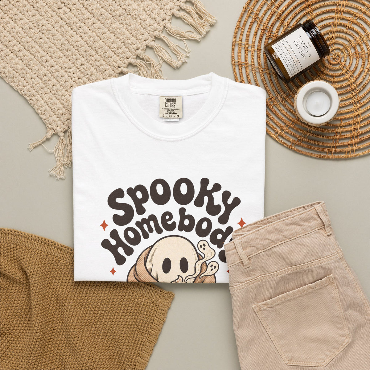 Spooky Homebody Ghost  T-Shirt - White - flat lay