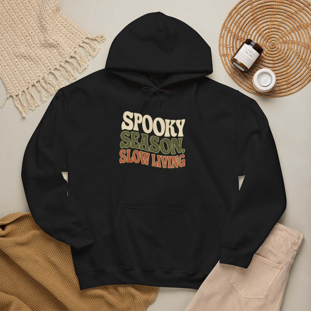 Spooky Season Slow Living Hoodie - Black - Flat Lay
