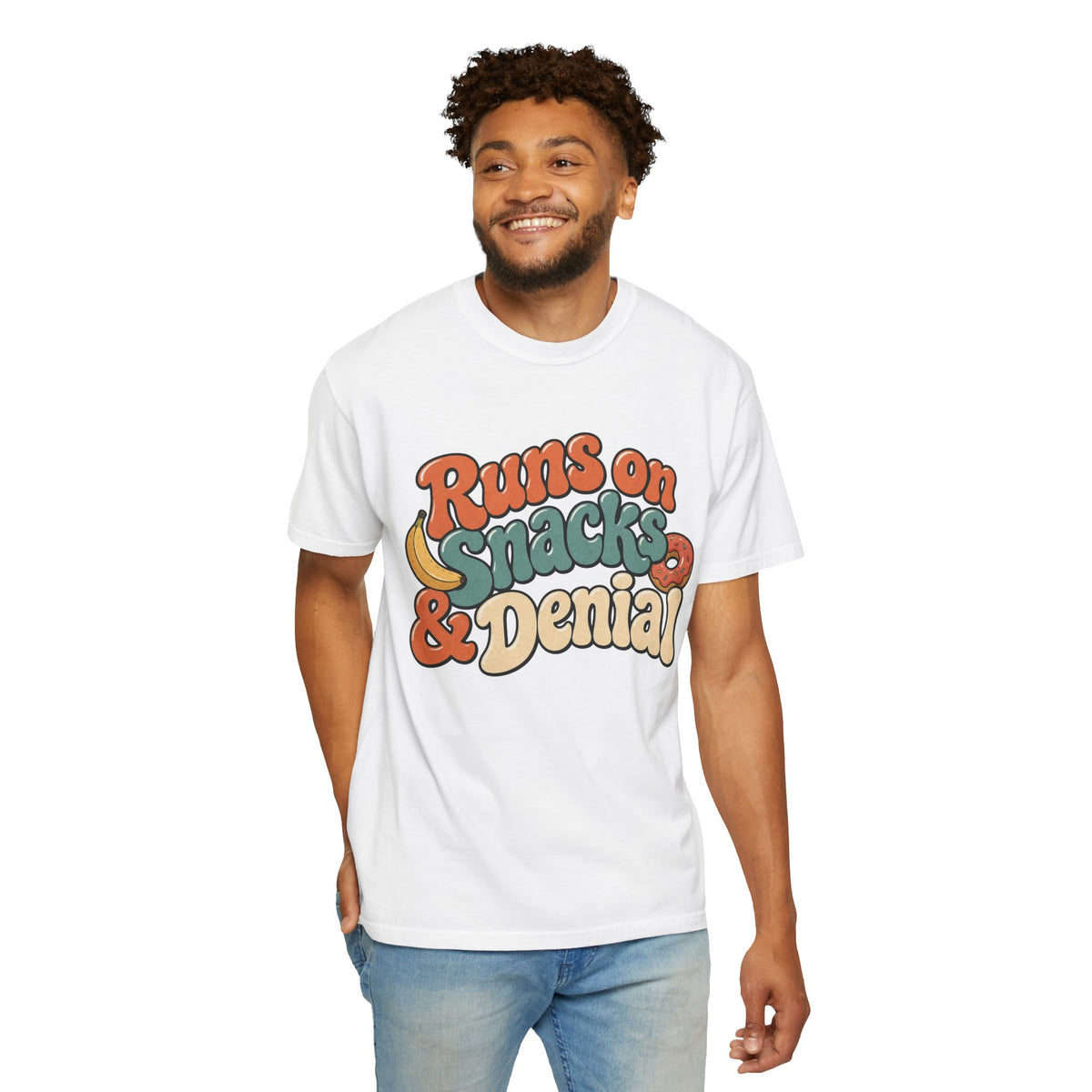 Runs on Snacks & Denial T-Shirt - White - on model front