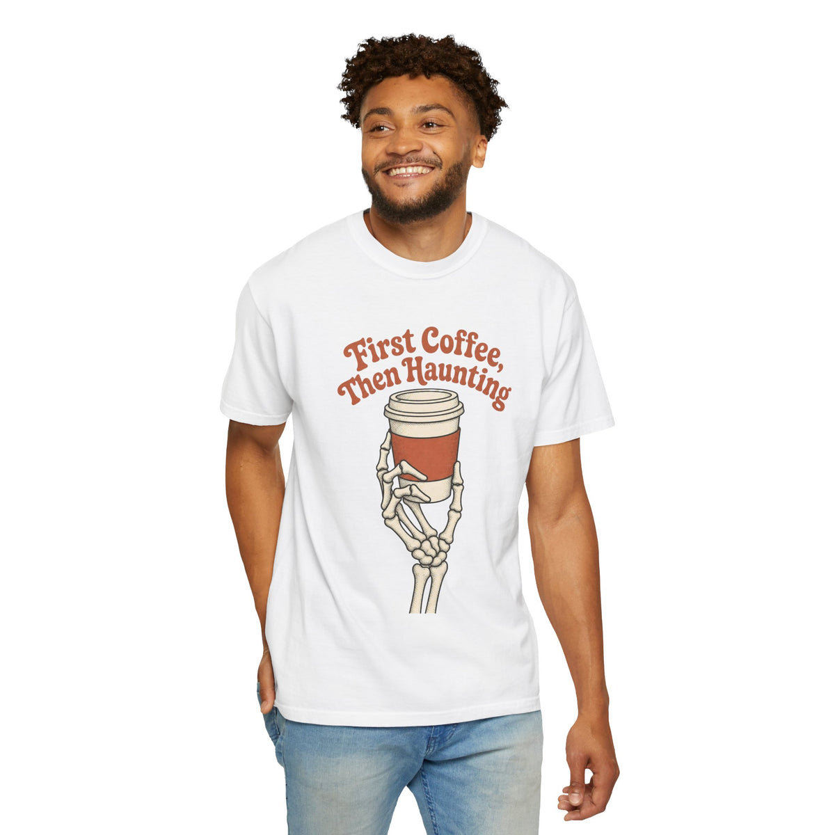 First Coffee Then Haunting T-Shirt - White - On Model Front