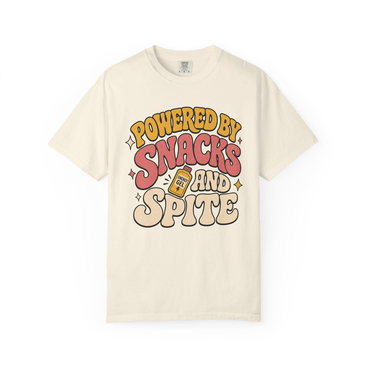 Powered by Snacks and Spite T-shirt - Ivory - on model side