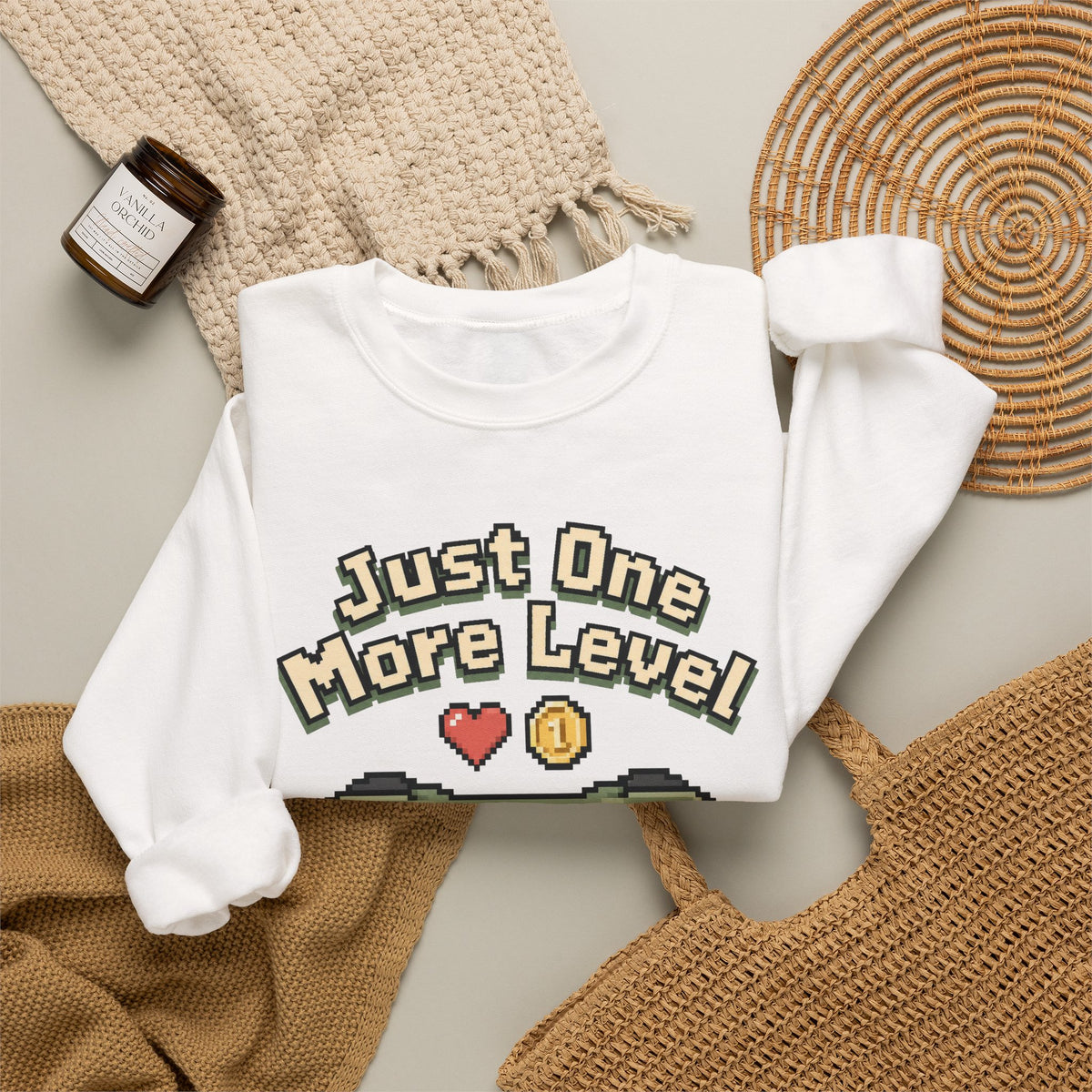Just One More Level Sweatshirt - White - Flat Lay
