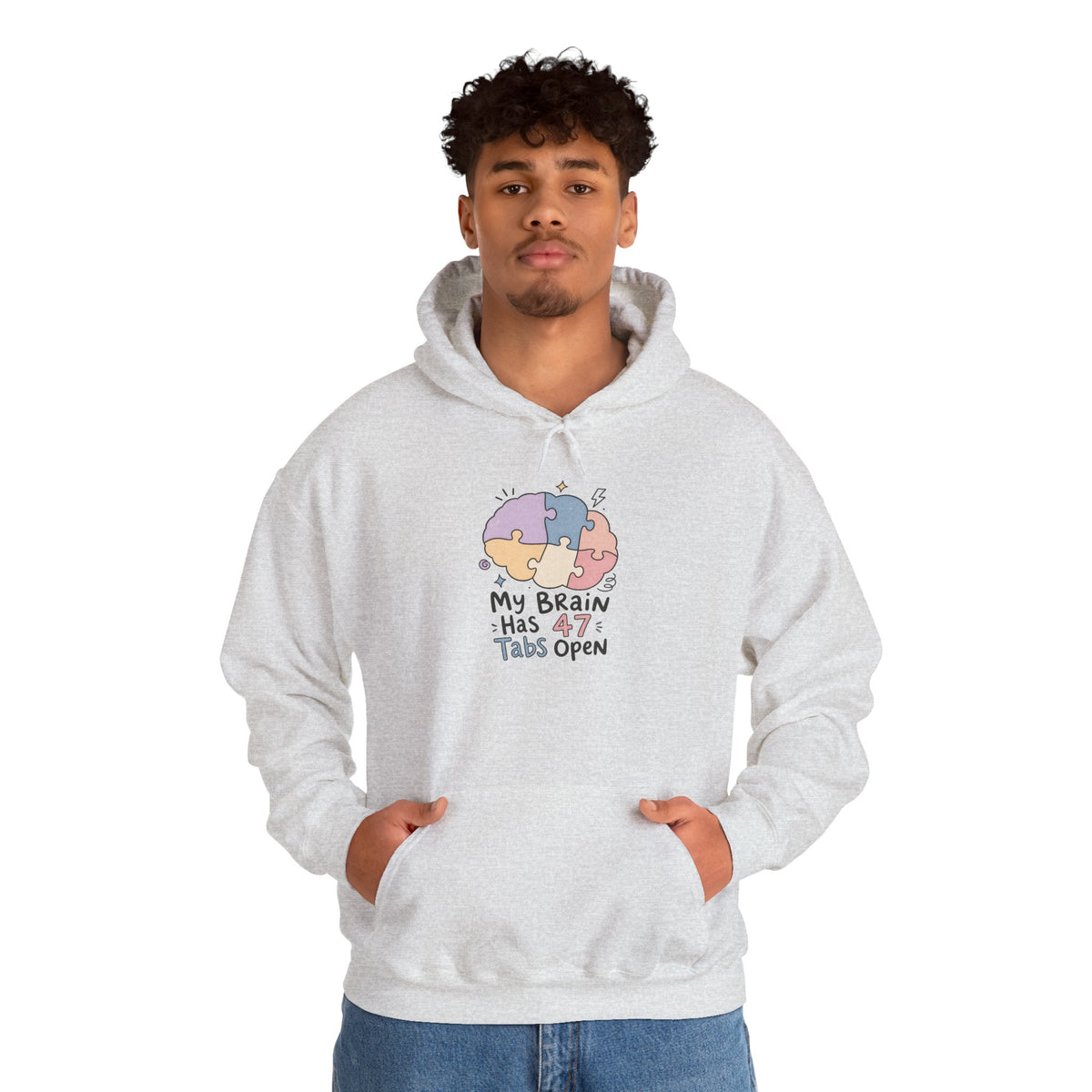 My Brain Has 47 Tabs Open Hoodie - Ash - On Model Male