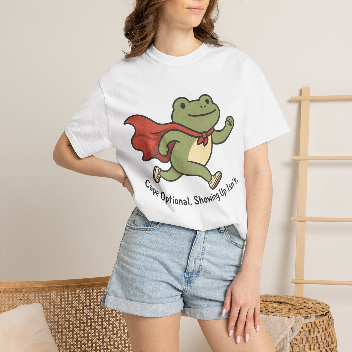 Superhero Frog Running T-shirt - White - on model close-up