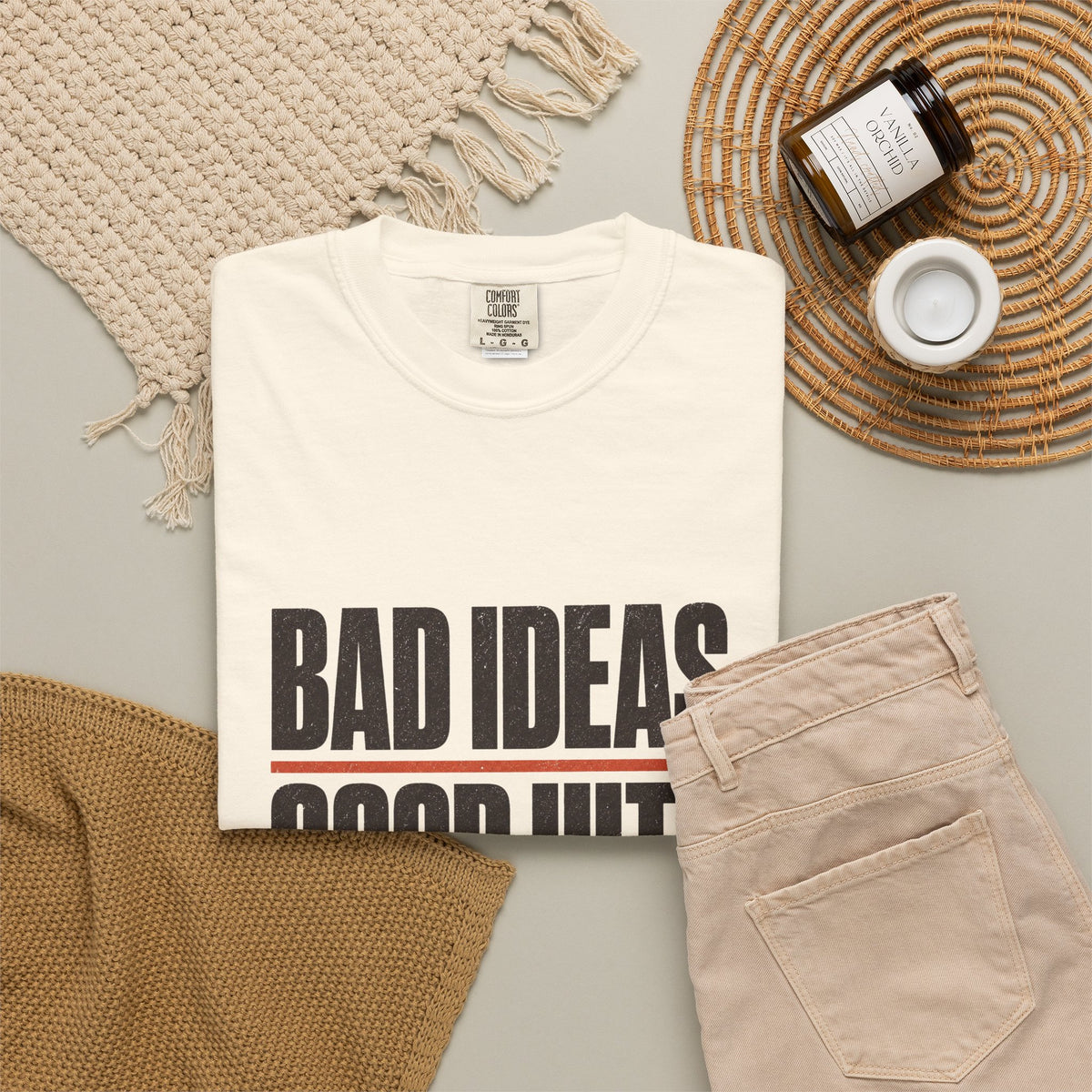Bad Ideas. Good Hits. T-Shirt - Ivory - Flat Lay