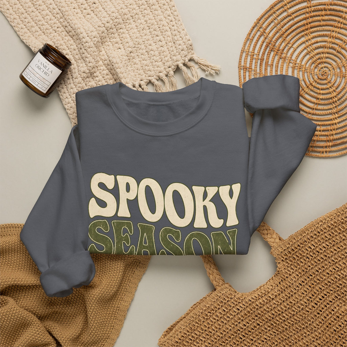 Spooky Season Slow Living Sweatshirt - Charcoal - Flat Lay