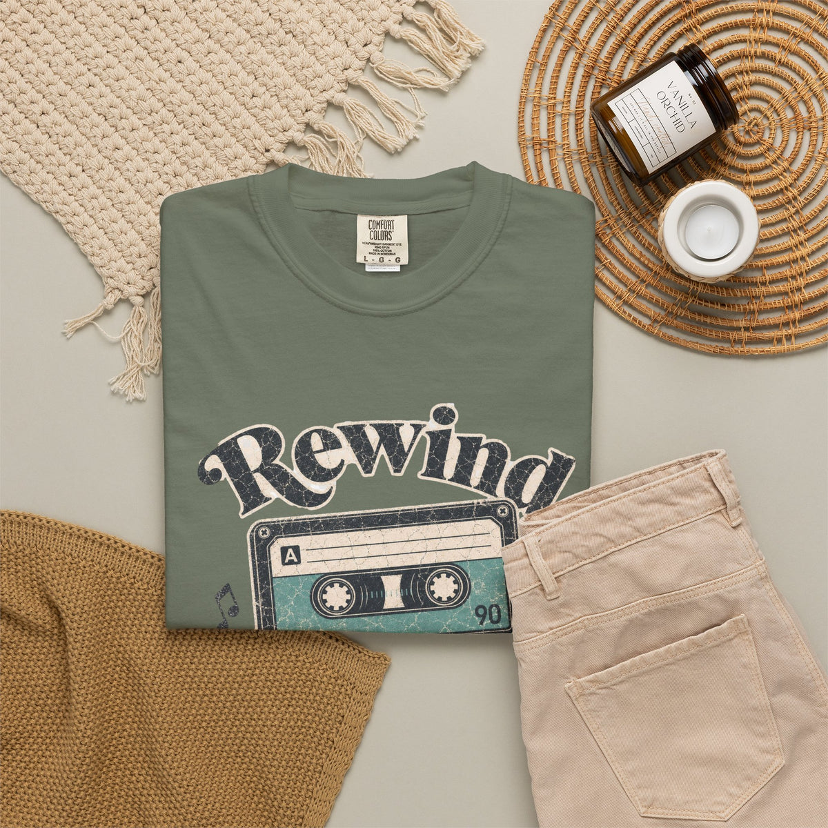 Retro Cassette Tape T-shirt - Moss - Flat Lay