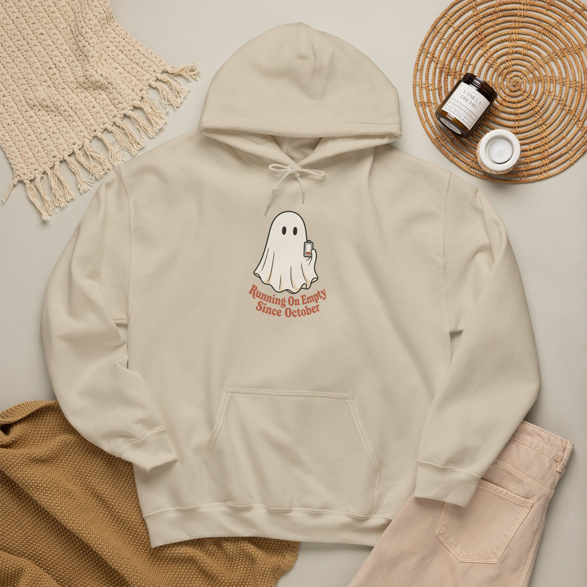 Running On Empty Since October Hoodie - Sand - Flat Lay