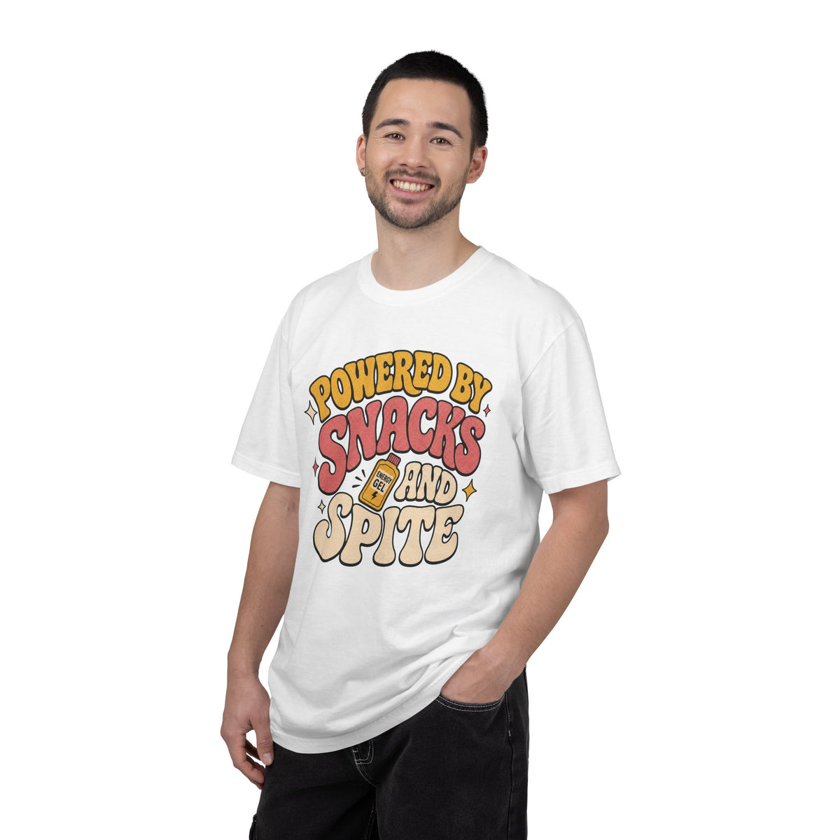 Powered by Snacks and Spite T-shirt - White - On Model Male