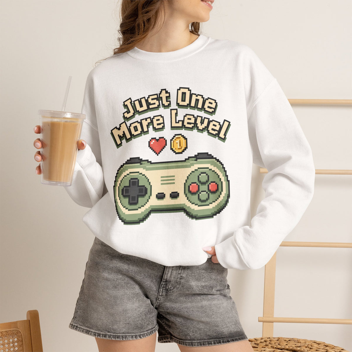 Just One More Level Sweatshirt - White - On Model Female