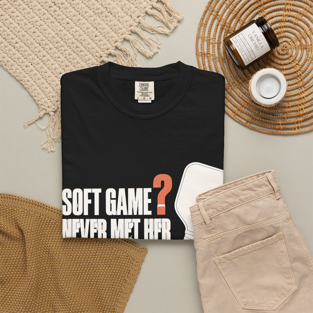 Soft Game? Never Met Her T-Shirt - Black - Flat Lay