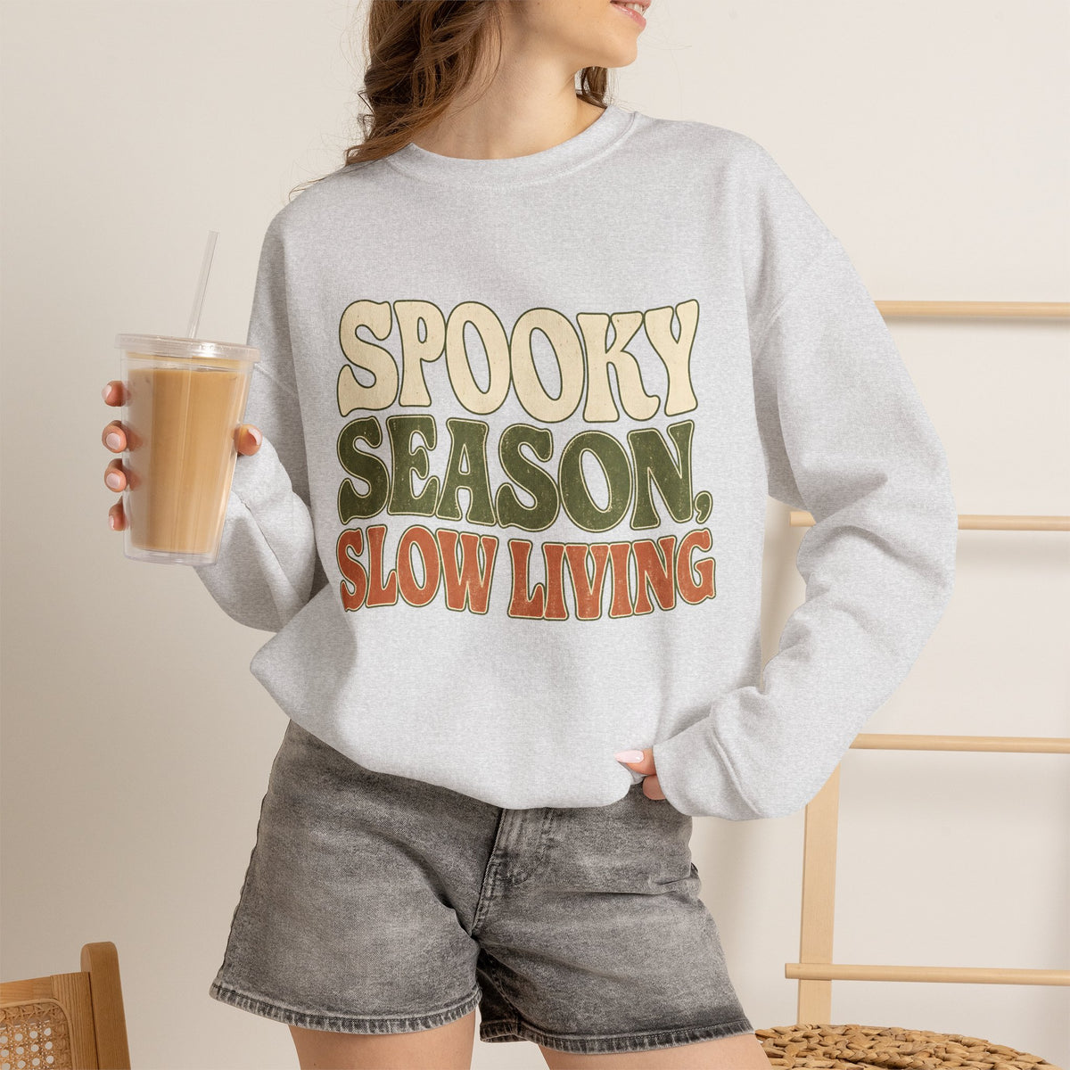 Spooky Season Slow Living Sweatshirt - Ash - On Model Female