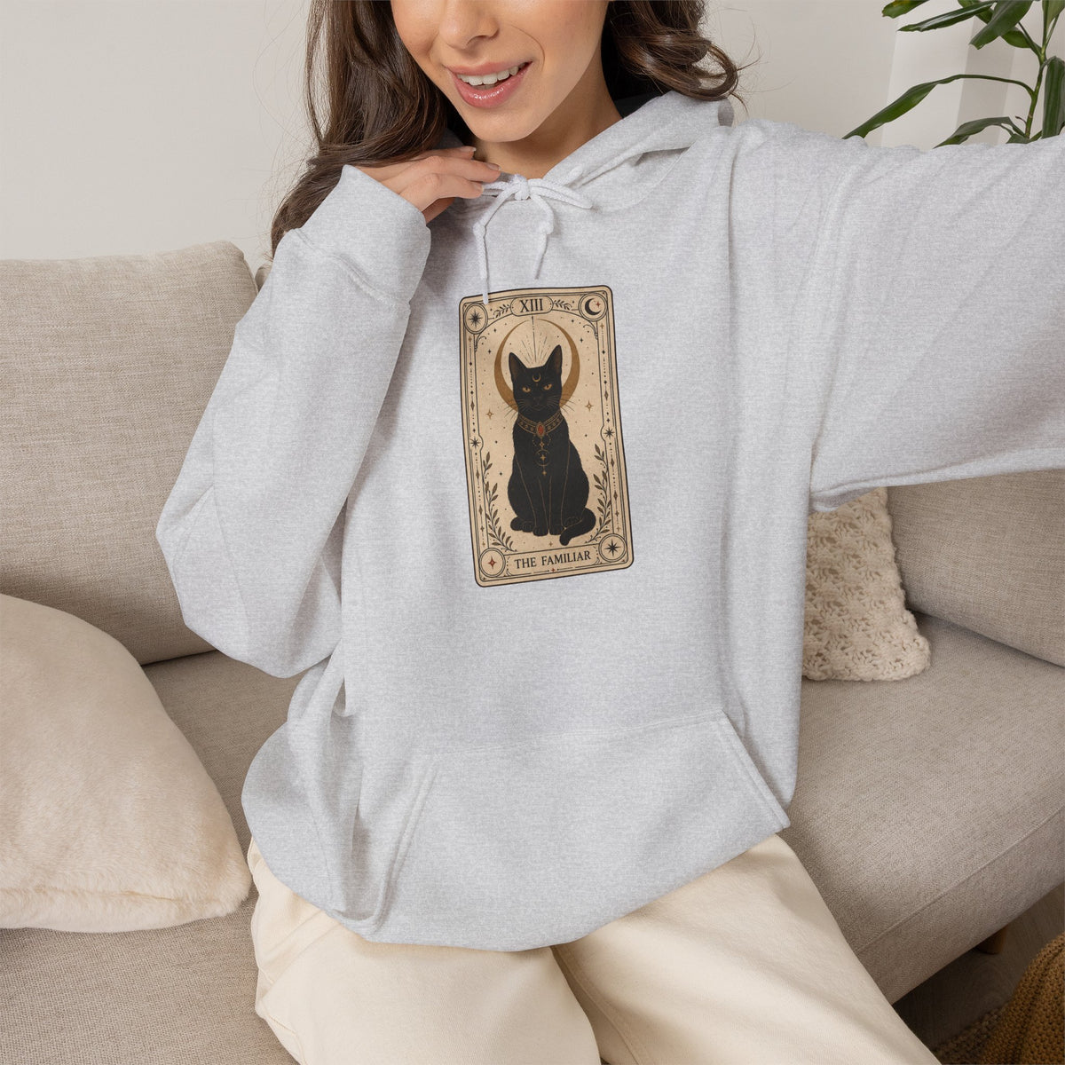 Black Cat Tarot Card Hoodie - Ash - on model female