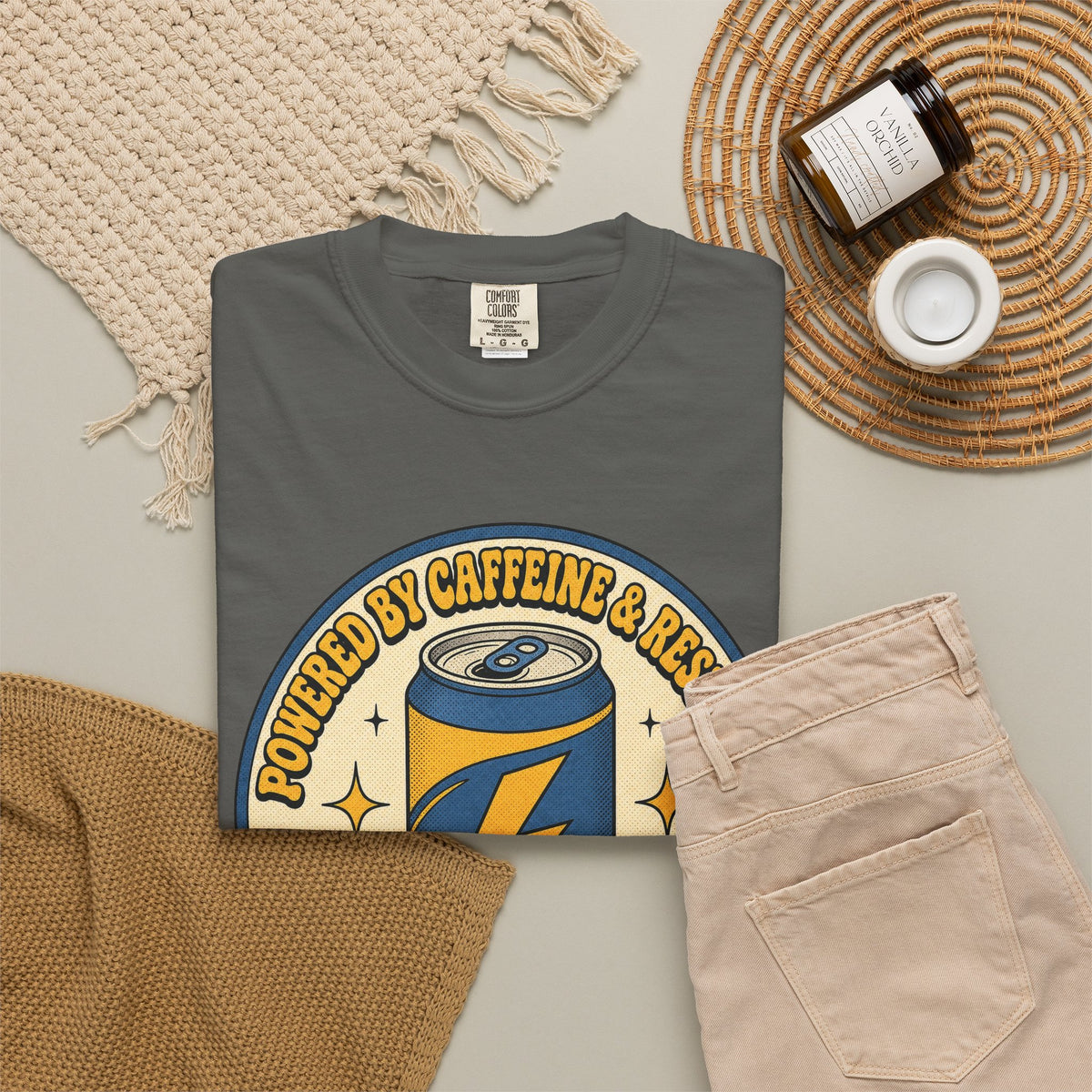 Caffeinated Energy Can T-shirt - Pepper - Flat Lay