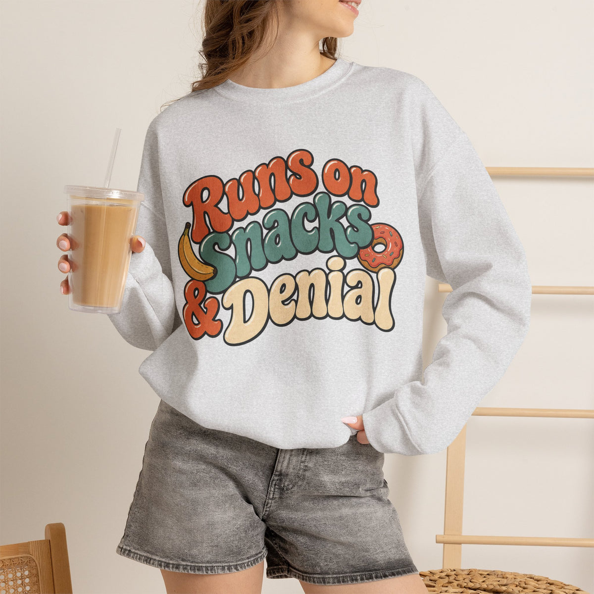 Runs on Snacks & Denial Sweatshirt - Ash - On Model Female