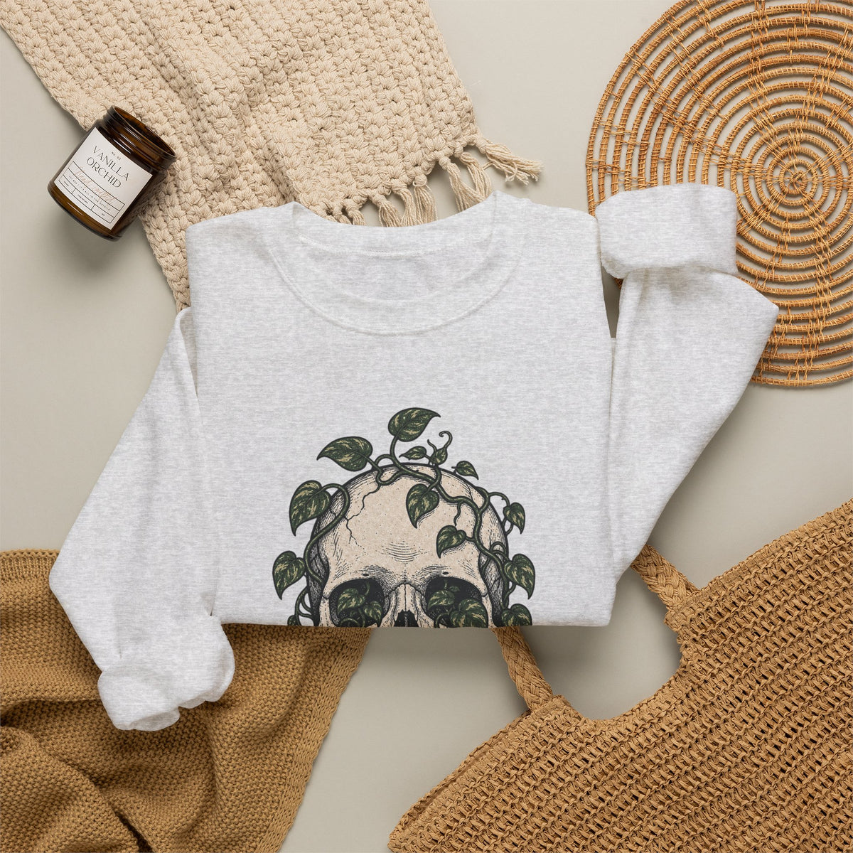 Skull with Ivy Leaves Sweatshirt - Ash - flat lay