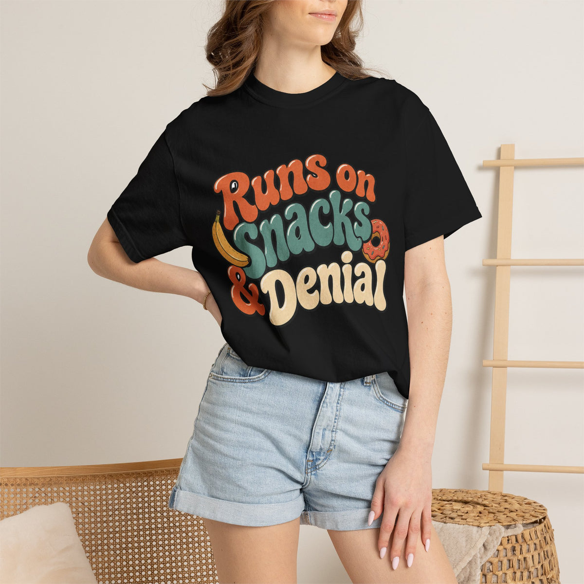 Runs on Snacks & Denial T-Shirt - Black - on model close-up