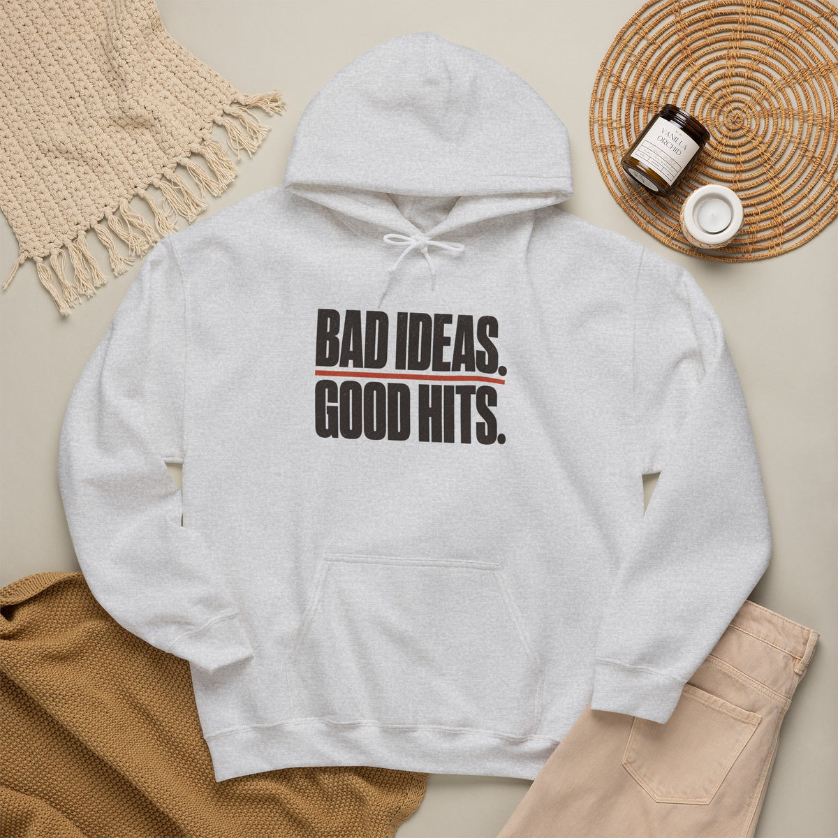 Bad Ideas. Good Hits. Hoodie - Ash - Flat Lay