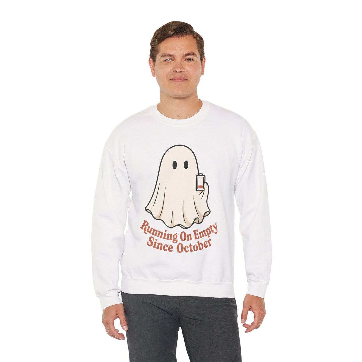 Running On Empty Since October Sweatshirt - White - On Model Male