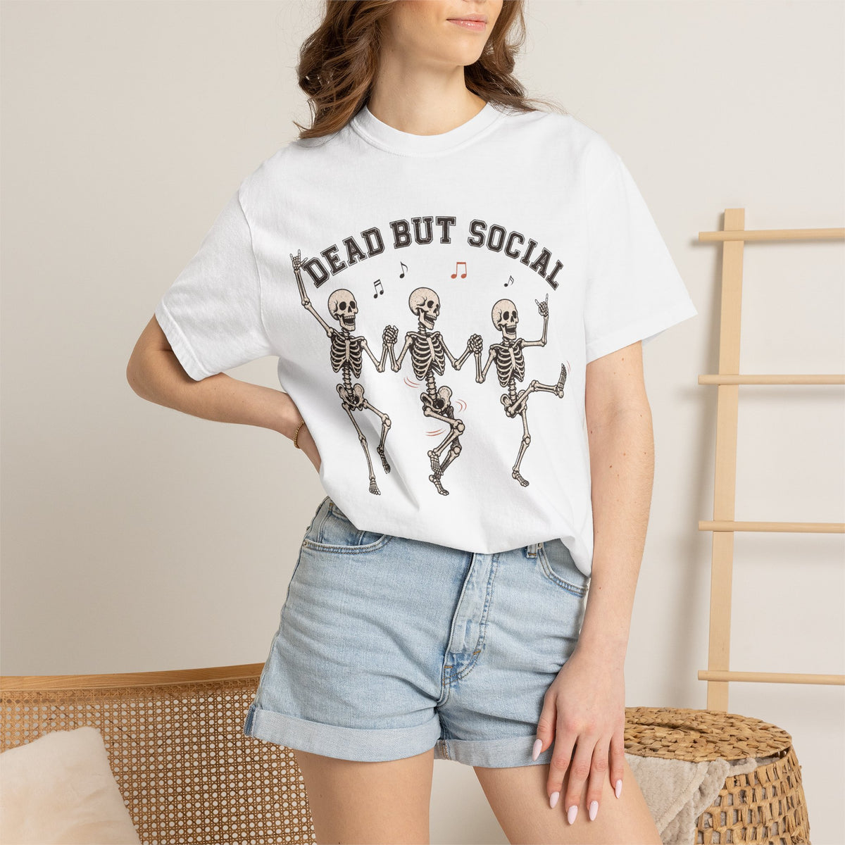 Dead But Social T-Shirt - White - on model close-up