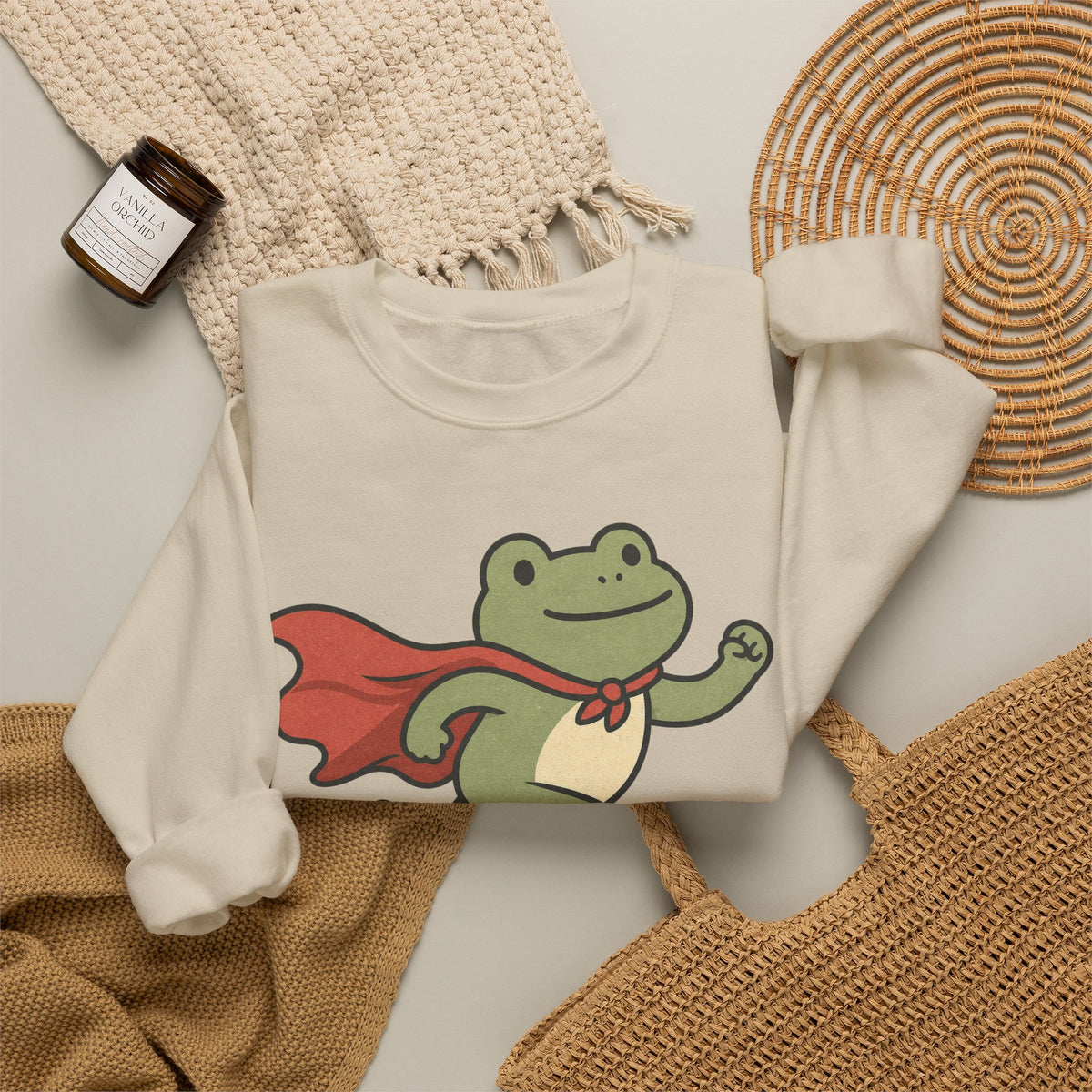 Superhero Frog running Sweatshirt - Sand - Flat Lay