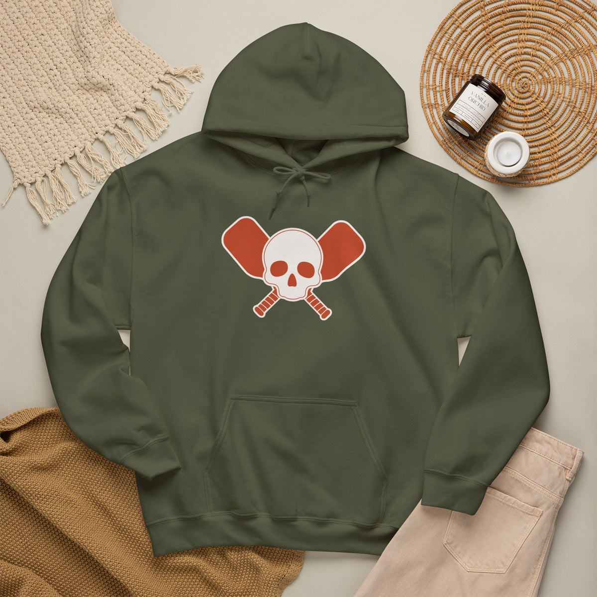 Skull & Oars Hoodie - Military Green - Flat Lay