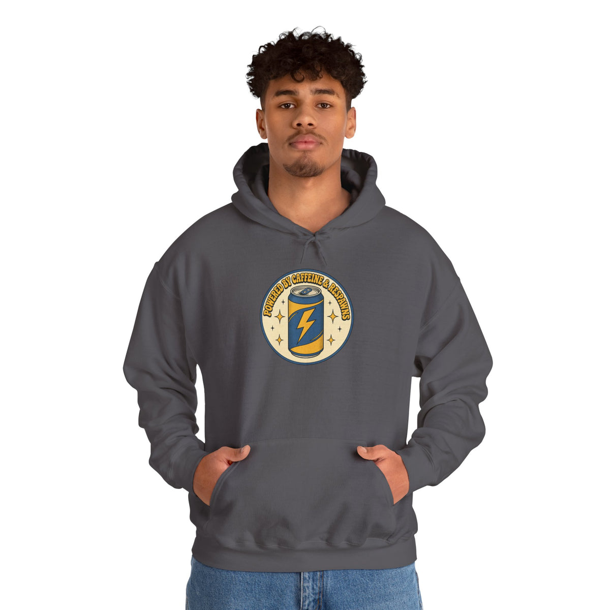 Caffeinated Energy Can Hoodie - Charcoal - On Model Male