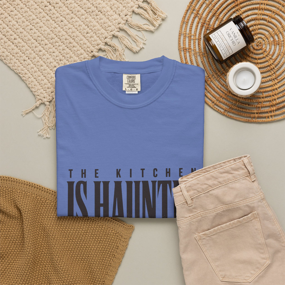The Kitchen Is Haunted T-Shirt - Mystic Blue - Flat Lay