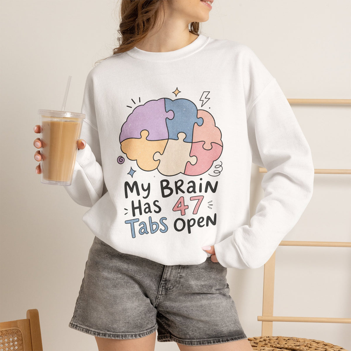 My Brain Has 47 Tabs Open Sweatshirt - White - On Model Female