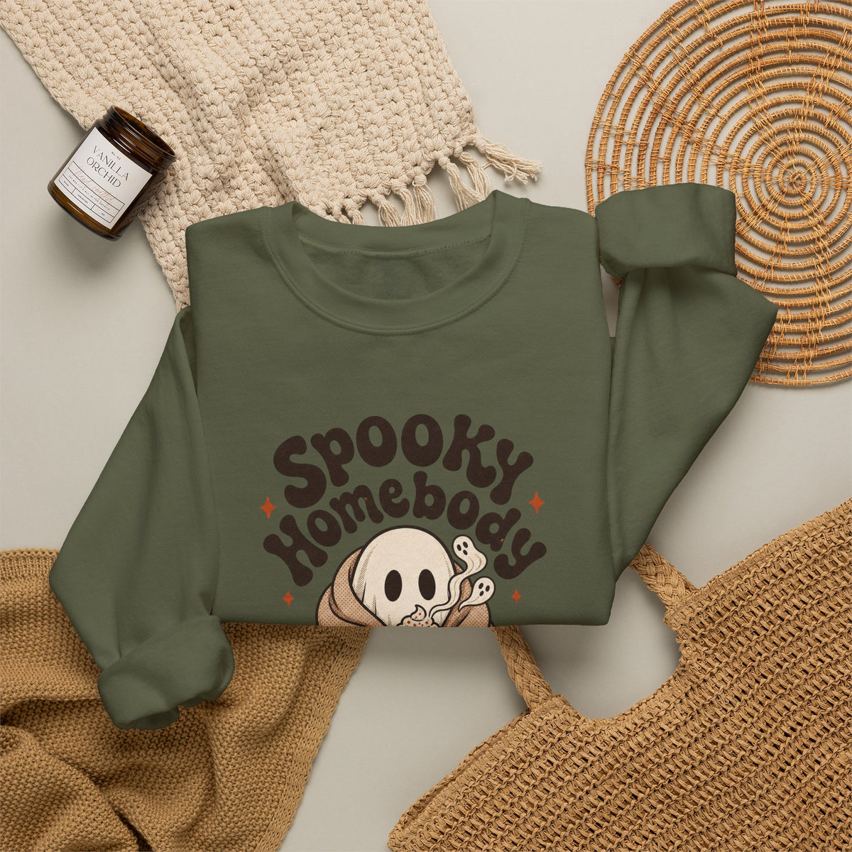 Spooky Homebody Ghost Sweatshirt - Military Green - flat lay