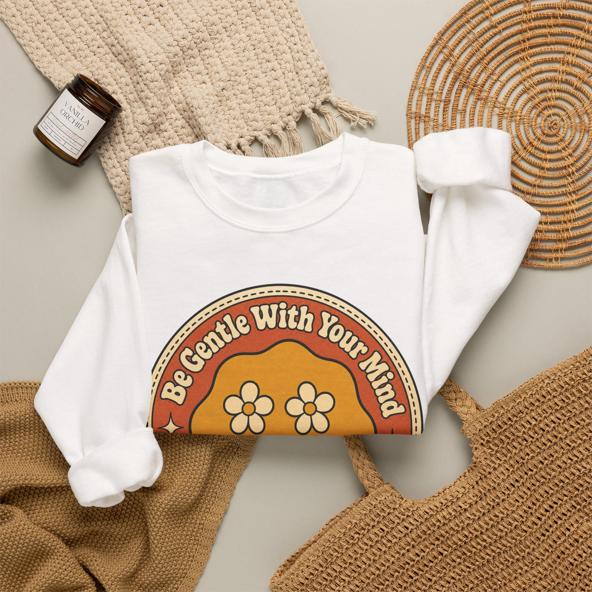 Be Gentle With Your Mind Sweatshirt - White - Flat Lay