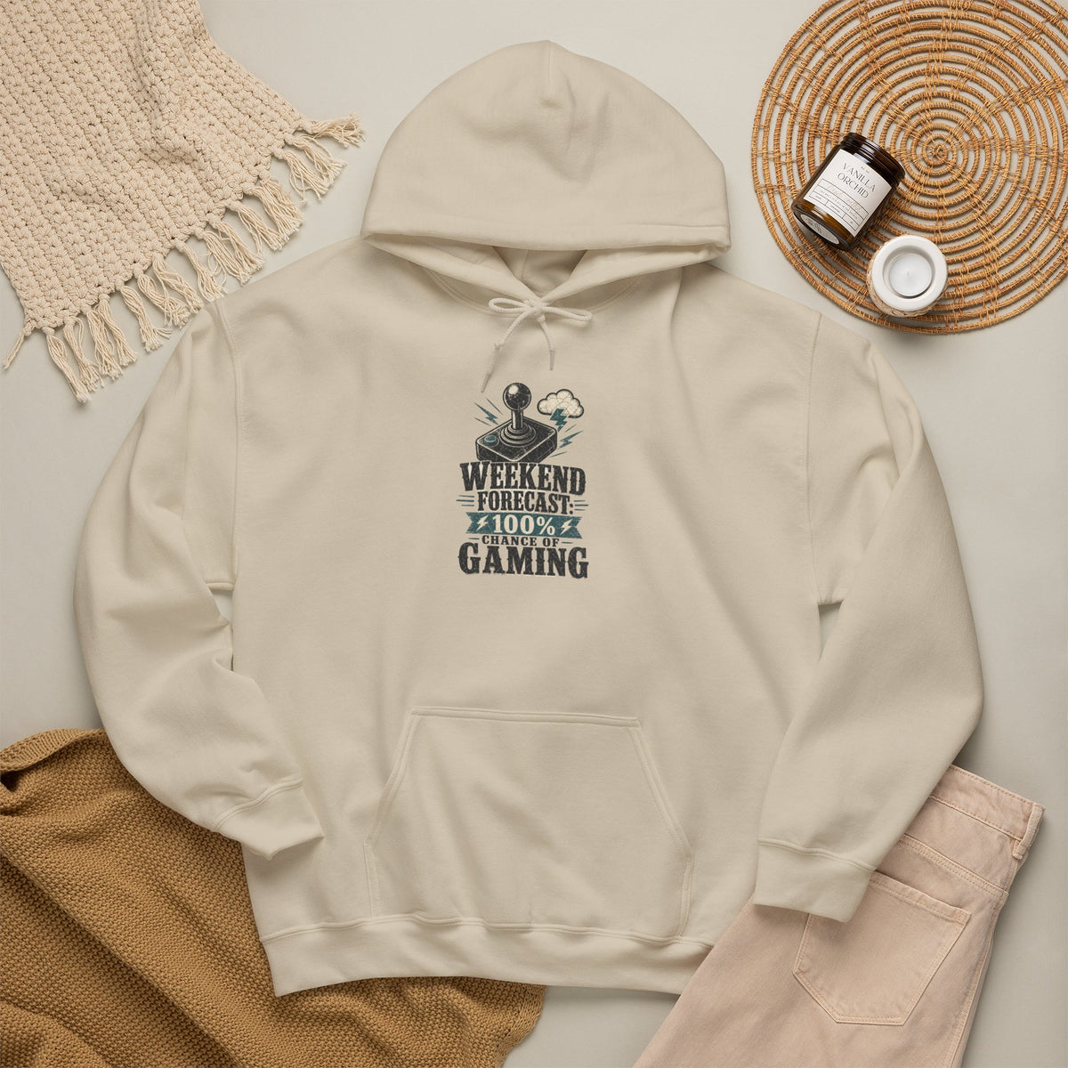 Weekend Forecast 100% Gaming Hoodie - Sand - Flat Lay