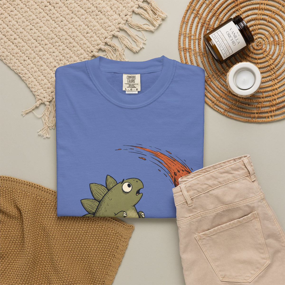 Emotionally I’m the Meteor Dinosaur T-shirt - Mystic Blue - Flat Lay