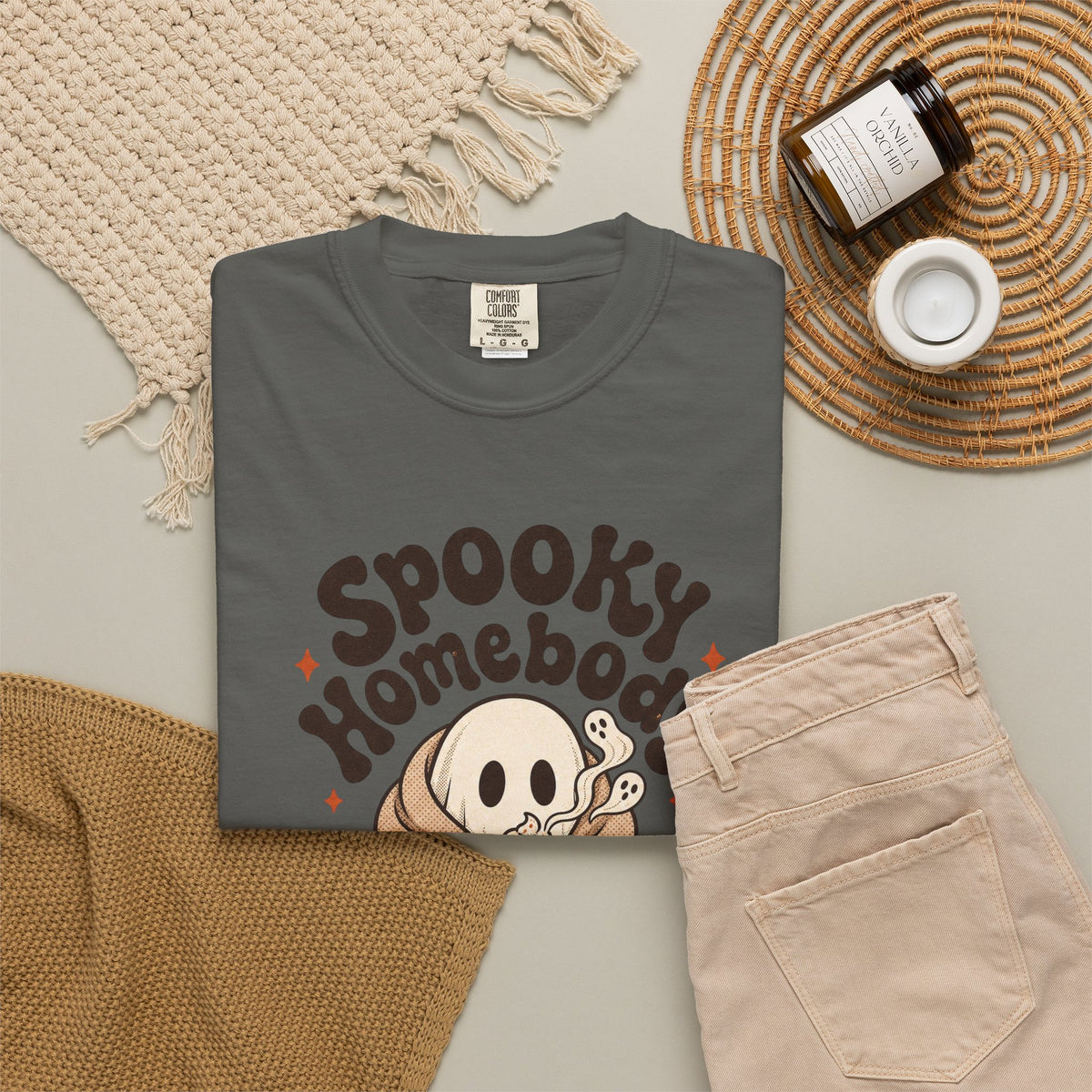 Spooky Homebody Ghost  T-Shirt - Pepper - flat lay