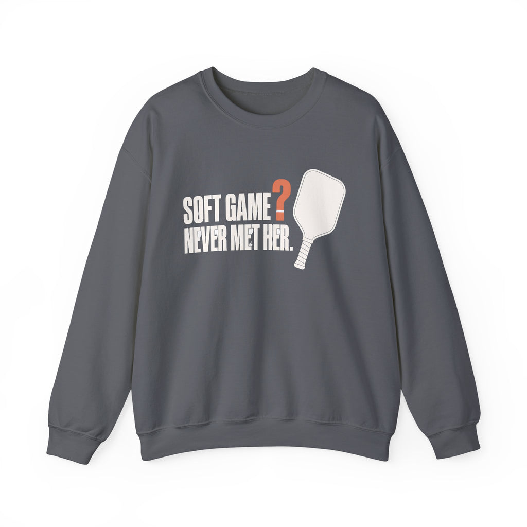 Soft Game? Never Met Her Sweatshirt - Charcoal - Flat Lay