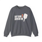 Soft Game? Never Met Her Sweatshirt - Charcoal - Flat Lay