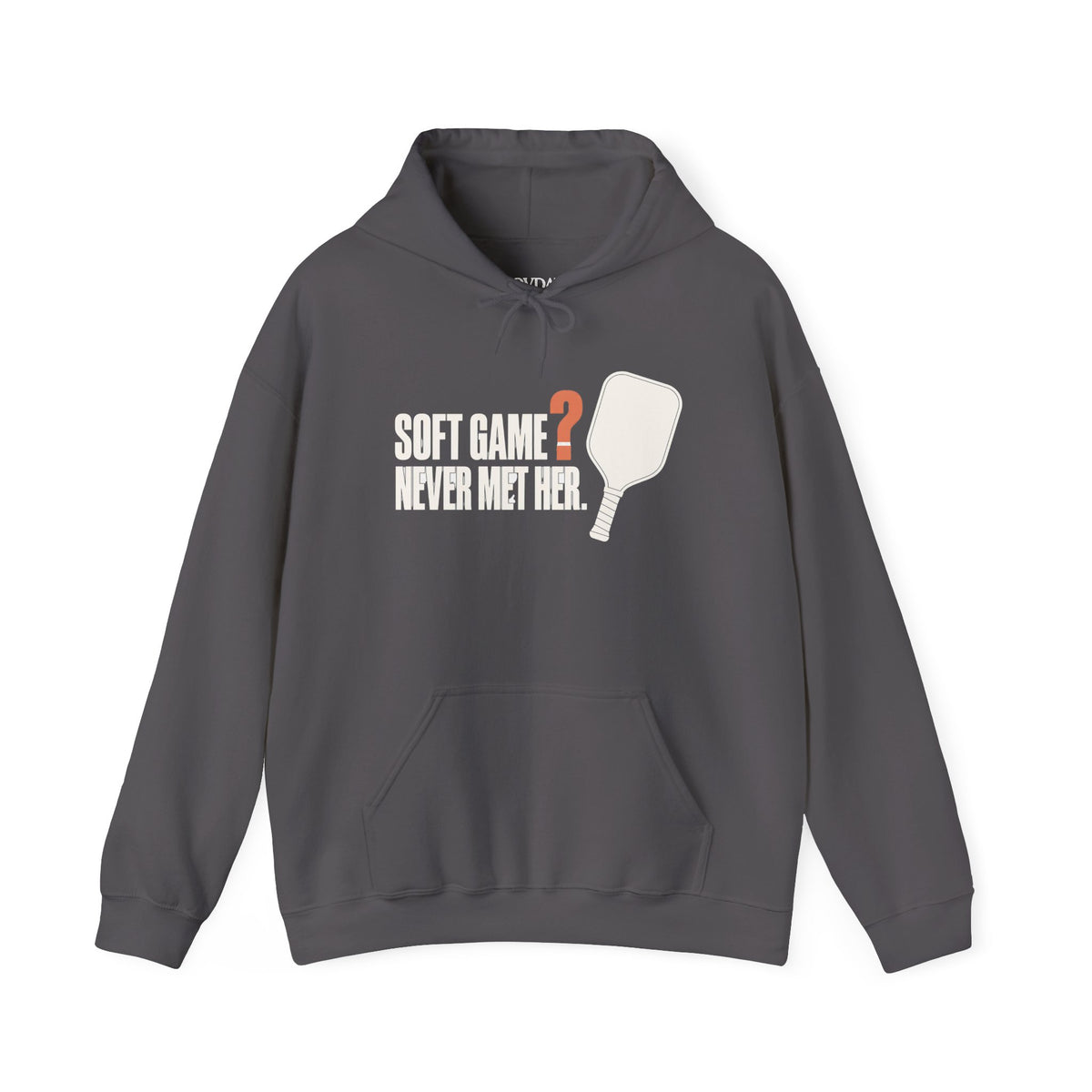 Soft Game? Never Met Her Hoodie - Charcoal - Flat Lay